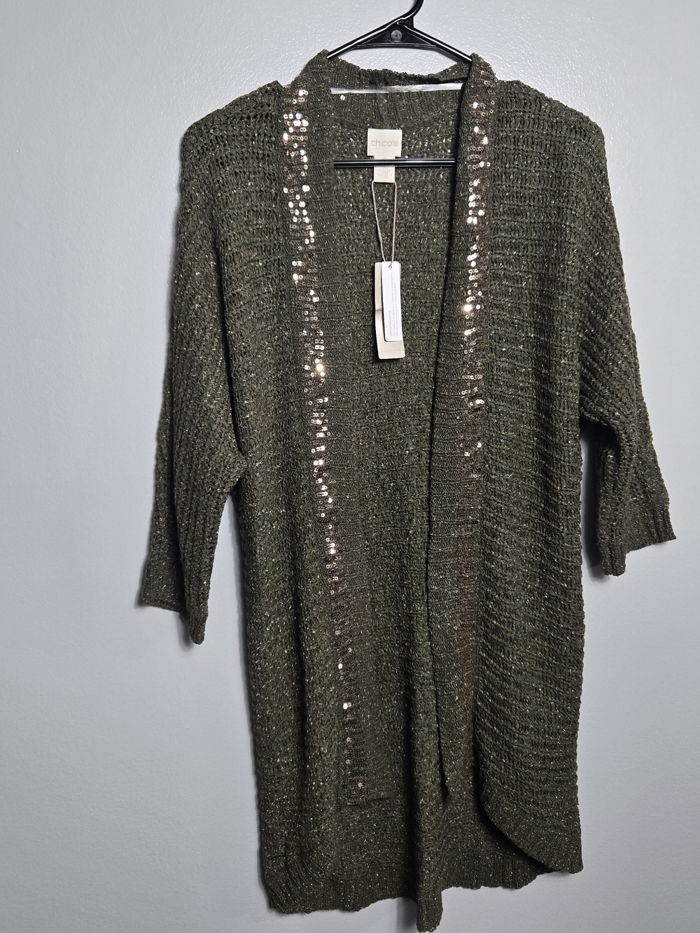 NWT Chico's Olive Green Gold Sequin Trim Metallic Open Duster Cardigan Size 0